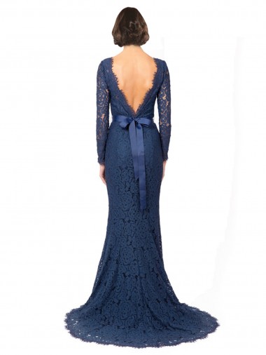 Blu marino scuro Stile sirena Collo Gioiello Sweep treno Pizzo Lunga Abiti da damigella donore Fabbrica