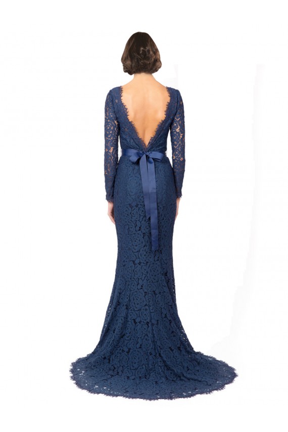 Blu marino scuro Stile sirena Collo Gioiello Sweep treno Pizzo Lunga Abiti da damigella donore Fabbrica