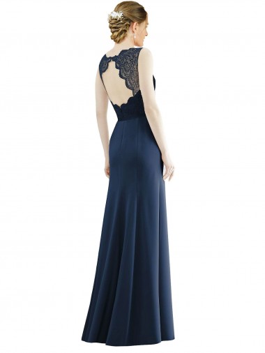 Blu marino scuro Stile sirena Illusione Chiffona Pizzo Lunga Abiti da damigella donore Fabbrica