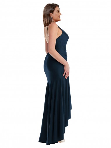 Blu marino scuro Stile sirena Sottili Raso Setoso Lunga Asimmetrico Formali Abiti da damigella donore / Abiti da sera / Abiti da ballo Fabbrica