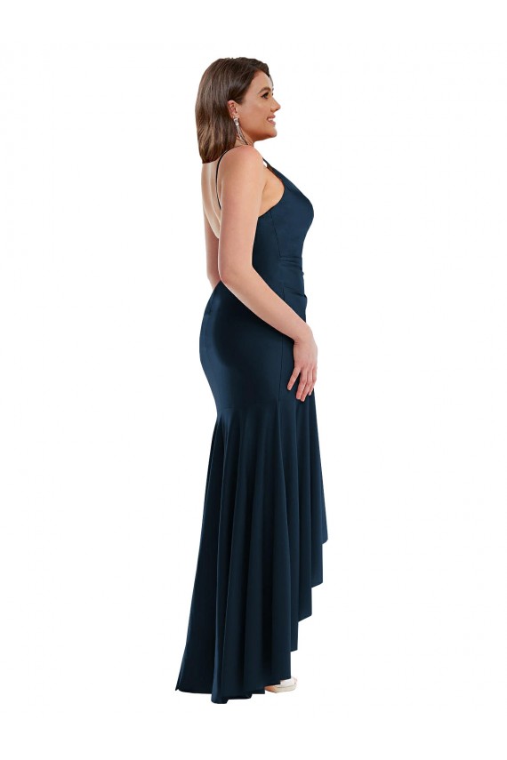 Blu marino scuro Stile sirena Sottili Raso Setoso Lunga Asimmetrico Formali Abiti da damigella donore / Abiti da sera / Abiti da ballo Fabbrica
