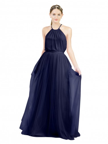 Blu navy 21 Linea A Capestro Alto Collo Tulle Lunga Abiti da damigella donore Fabbrica