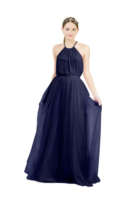 Blu navy 21 Linea A Capestro Alto Collo Tulle Lunga Abiti da damigella donore Fabbrica