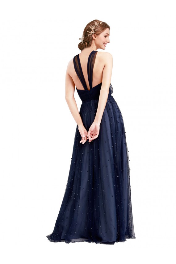 Blu navy 21 Linea A Capestro Tulle Lunga Abiti da damigella donore Fabbrica