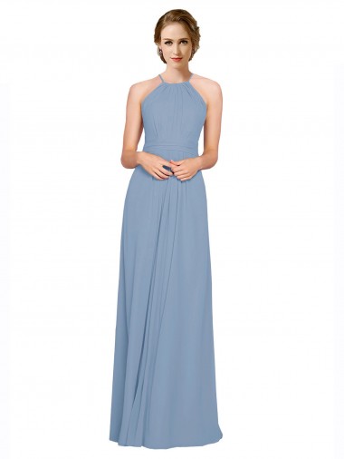 Blu polveroso Linea A Capestro Alto Collo Chiffona Lunga Abiti da damigella donore Fabbrica