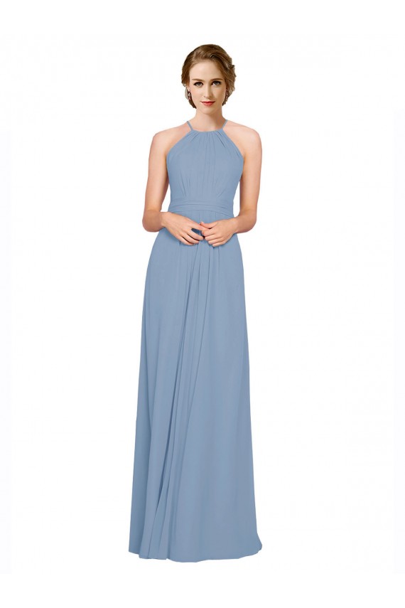 Blu polveroso Linea A Capestro Alto Collo Chiffona Lunga Abiti da damigella donore Fabbrica