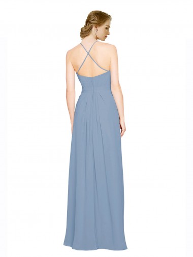 Blu polveroso Linea A Capestro Alto Collo Chiffona Lunga Abiti da damigella donore Fabbrica