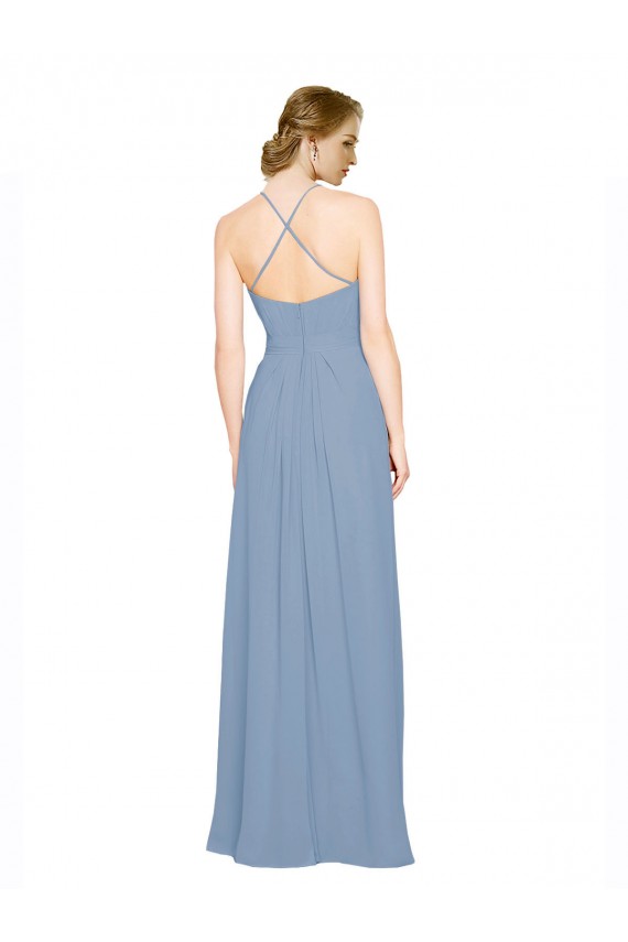 Blu polveroso Linea A Capestro Alto Collo Chiffona Lunga Abiti da damigella donore Fabbrica