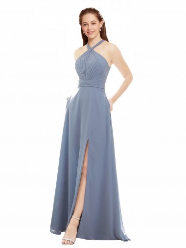 Blu polveroso Linea A Capestro Alto Collo Chiffona Lunga Abiti da damigella donore Fabbrica