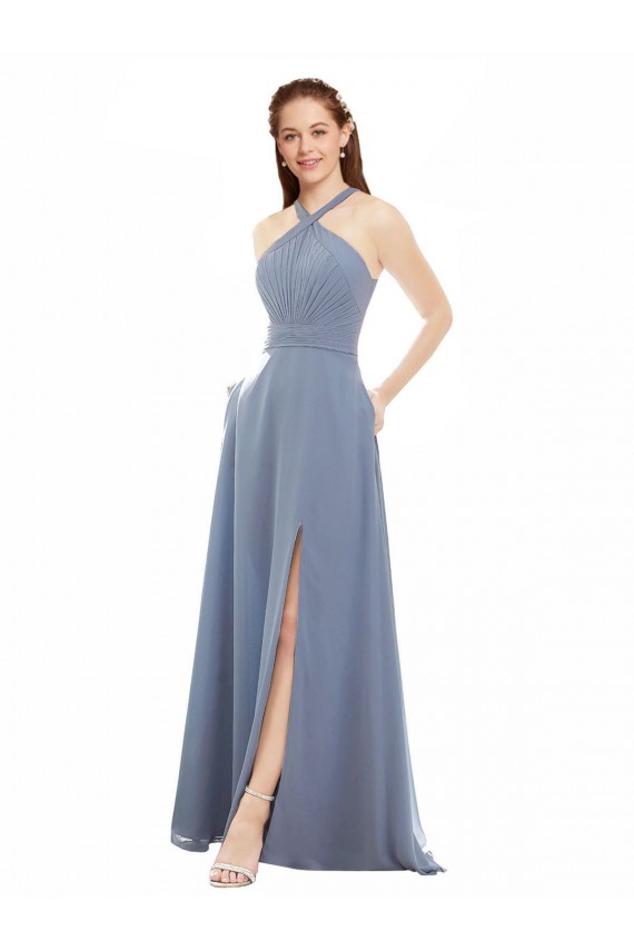 Blu polveroso Linea A Capestro Alto Collo Chiffona Lunga Abiti da damigella donore Fabbrica