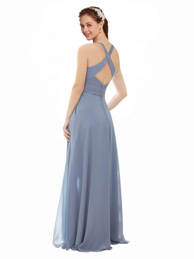 Blu polveroso Linea A Capestro Alto Collo Chiffona Lunga Abiti da damigella donore Fabbrica