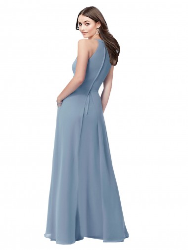 Blu polveroso Linea A Capestro Alto Collo Chiffona Lunga Abiti da damigella donore Fabbrica