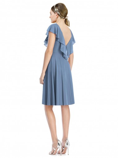 Blu polveroso Linea A Scollatura a V Al ginocchio cocktail Chiffona Corto Abiti da damigella donore Fabbrica