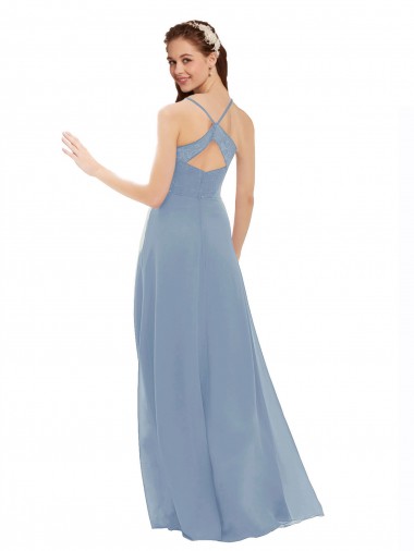 Blu polveroso Linea A Sottili Scollatura a V Chiffona Pizzo Lunga Abiti da damigella donore Fabbrica
