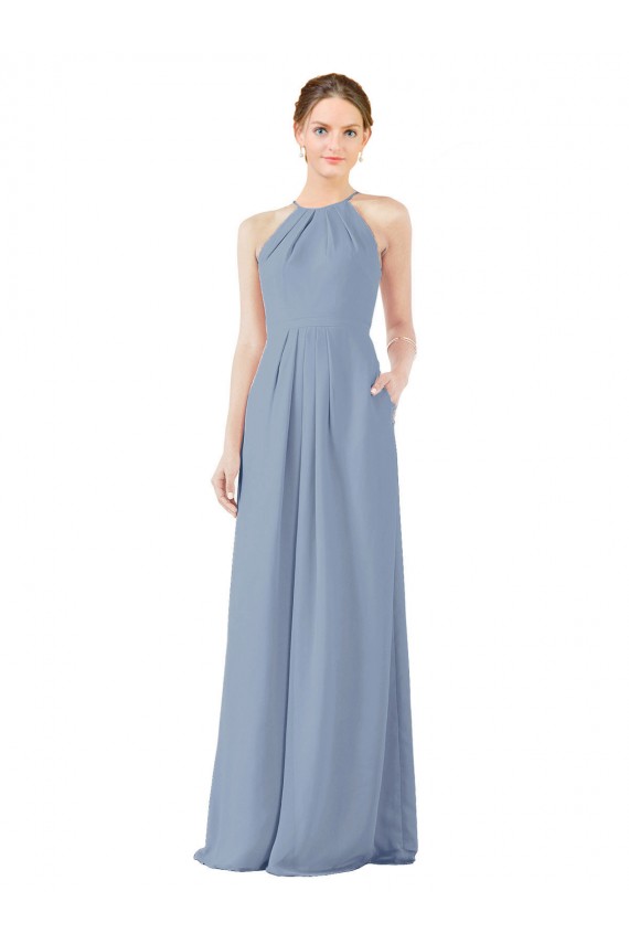 Blu polveroso Tubino Capestro Alto Collo Chiffona Lunga Abiti da damigella donore Fabbrica