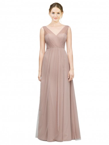 Blush Linea A Scollatura a V Tulle Lunga Abiti da damigella donore Fabbrica