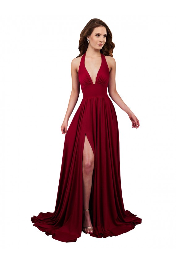 Borgogna Linea A Capestro Scollatura a V Spandex Lunga Formali Abiti da damigella donore / Abiti da sera / Abiti da ballo Fabbrica