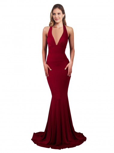 Borgogna Stile sirena Capestro Scollatura a V Spandex Lunga Formali Abiti da damigella donore / Abiti da sera / Abiti da ballo Fabbrica