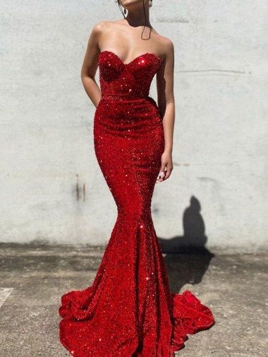 Borgogna Stile sirena Innamorato Paillettes Velluto Lunga Abiti da ballo Fabbrica