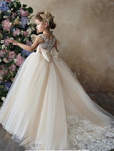 Champagne Abito da ballo Innamorato Tulle Pizzo Lunga Abiti da ragazza di fiori Fabbrica