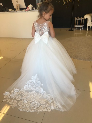 Champagne Abito da ballo Innamorato Tulle Pizzo Lunga Abiti da ragazza di fiori Fabbrica