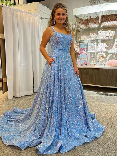 Colore Mostrato Linea A Scoop Paillettes Velluto Lunga Abiti da ballo Fabbrica