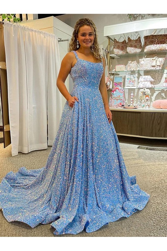 Colore Mostrato Linea A Scoop Paillettes Velluto Lunga Abiti da ballo Fabbrica