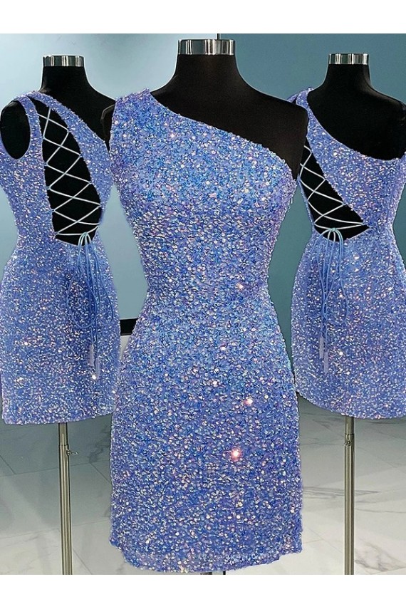 Colore Mostrato Tubino Una spalla Corto Paillettes Velluto Corto Abiti da ballo Fabbrica
