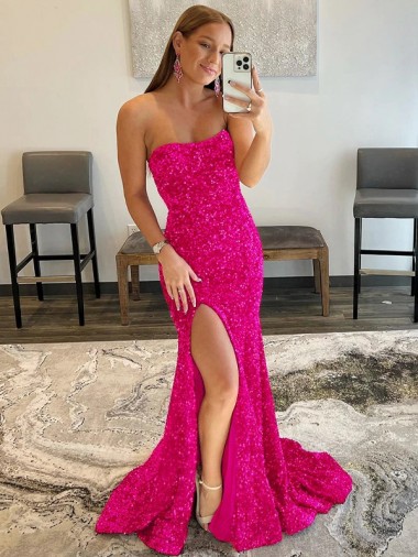 Fucsia Tubino Senza spalline Sweep treno Paillettes Velluto Lunga Abiti da ballo Fabbrica