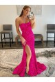 Fucsia Tubino Senza spalline Sweep treno Paillettes Velluto Lunga Abiti da ballo Fabbrica