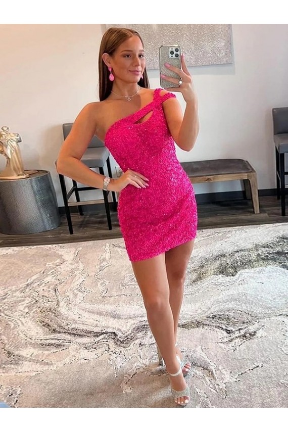 Fucsia Tubino Una spalla Corto Paillettes Velluto Corto Abiti da ballo Fabbrica