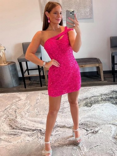 Fucsia Tubino Una spalla Corto Paillettes Velluto Corto Abiti da ballo Fabbrica