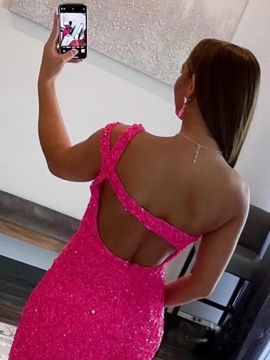 Fucsia Tubino Una spalla Corto Paillettes Velluto Corto Abiti da ballo Fabbrica