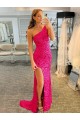 Fucsia Tubino Una spalla Sweep treno Paillettes Velluto Corto Abiti da ballo Fabbrica