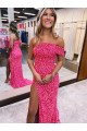 Fucsia Tubino Una spalla Sweep treno Paillettes Velluto Lunga Abiti da ballo Fabbrica
