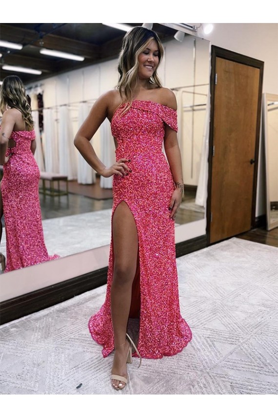 Fucsia Tubino Una spalla Sweep treno Paillettes Velluto Lunga Abiti da ballo Fabbrica