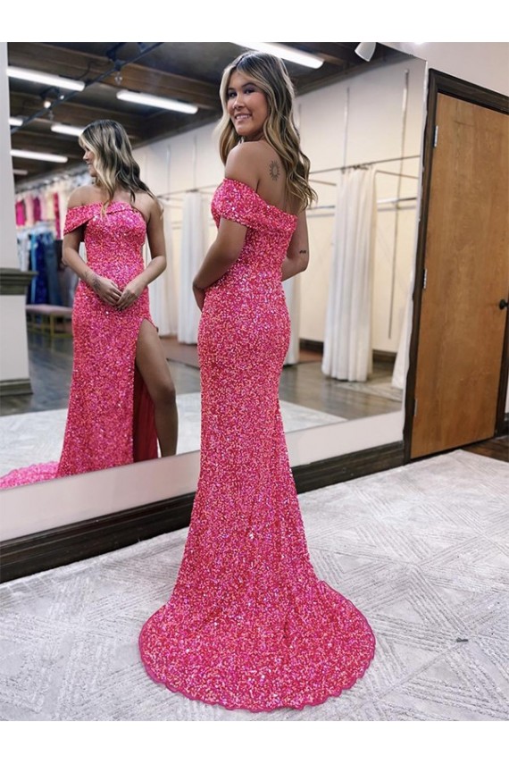Fucsia Tubino Una spalla Sweep treno Paillettes Velluto Lunga Abiti da ballo Fabbrica