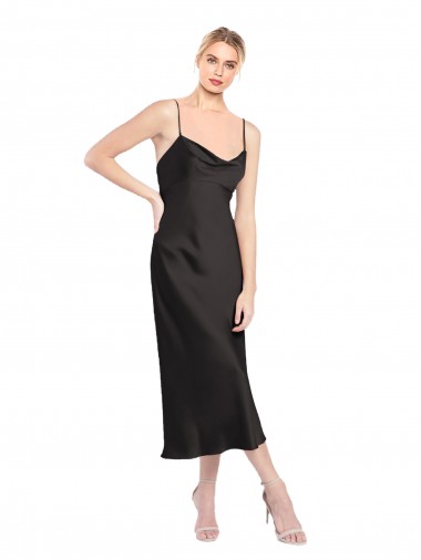 Nero Linea A Sottili Cappuccio Midi Raso Elastico Corto Abiti da damigella donore / Abiti da sera / Abiti da cocktail Fabbrica