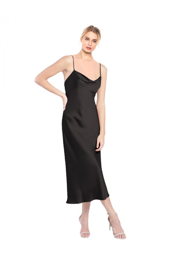Nero Linea A Sottili Cappuccio Midi Raso Elastico Corto Abiti da damigella donore / Abiti da sera / Abiti da cocktail Fabbrica
