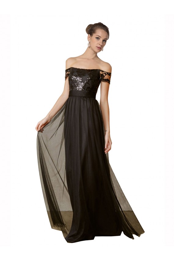 Nero Linea A Tulle Paillettes Lunga Abiti da damigella donore Fabbrica