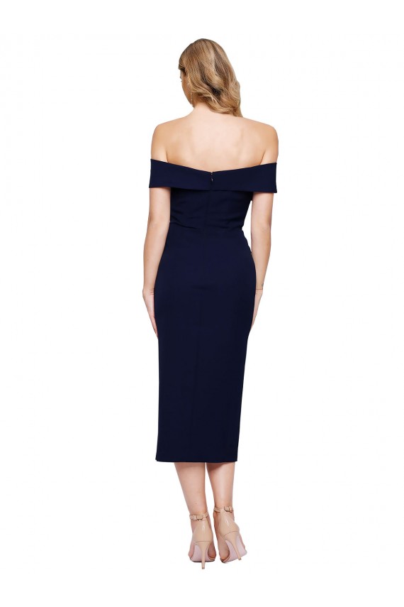 Blu marino scuro Stile sirena Midi Crespo Elastico Corto Abiti da damigella donore / Abiti da sera / Abiti da cocktail Fabbrica