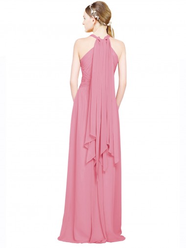 Pelle rosa Linea A Capestro Scollatura a V Chiffona Lunga Abiti da damigella donore Fabbrica