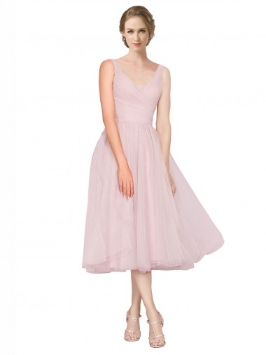 Rosa Linea A Scollatura a V Tulle Corto Abiti da damigella donore / Abiti da cocktail Fabbrica