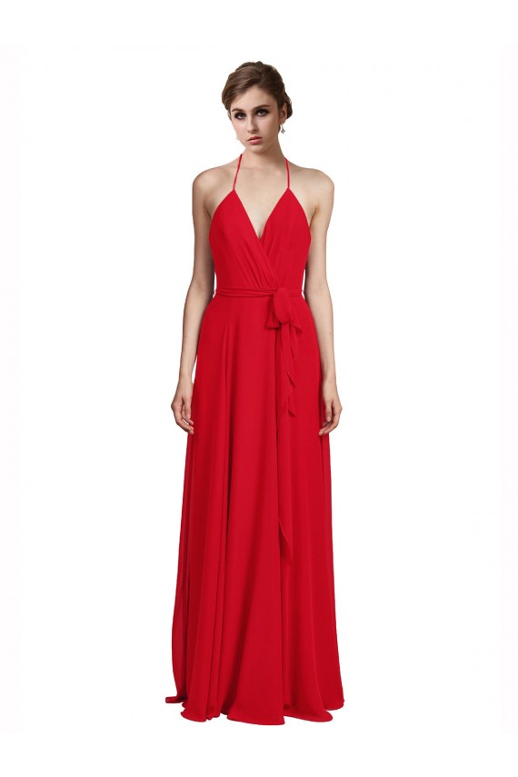 Rosso Linea A Sottili Capestro Scollatura a V Chiffona Lunga Abiti da damigella donore Fabbrica