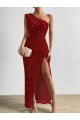 Rosso Tubino Una spalla Paillettes Velluto Lunga Abiti da ballo Fabbrica