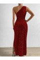 Rosso Tubino Una spalla Paillettes Velluto Lunga Abiti da ballo Fabbrica