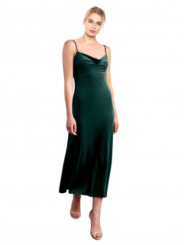 Verde Scuro Linea A Sottili Cappuccio Midi Velluto Elastico Corto Abiti da damigella donore / Abiti da ballo / Abiti da cocktail Fabbrica