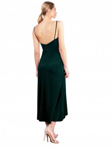 Verde Scuro Linea A Sottili Cappuccio Midi Velluto Elastico Corto Abiti da damigella donore / Abiti da ballo / Abiti da cocktail Fabbrica