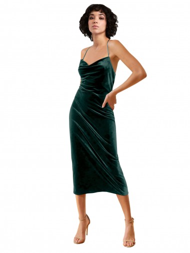 Verde Scuro Tubino Sottili Cappuccio Midi Velluto Elastico Corto Abiti da damigella donore / Abiti da sera / Abiti da cocktail Fabbrica