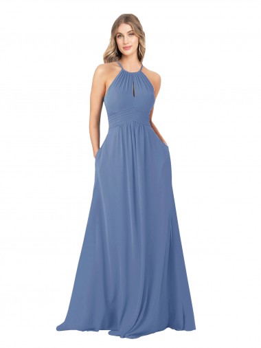 Windsor Blu Linea A Alto Collo Chiffona Lunga Abiti da damigella donore Fabbrica